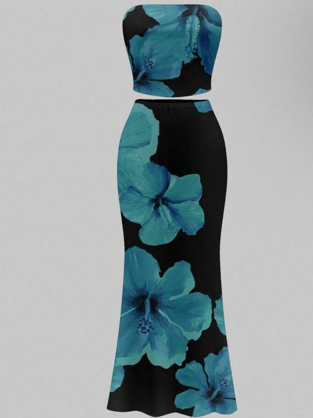 SHEIN Black Strapless Two-Piece Dress with Blue Floral Print